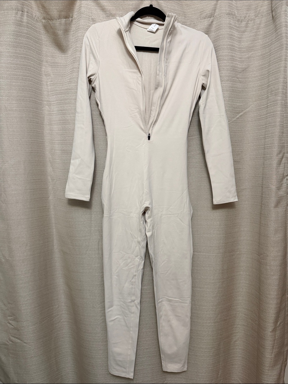 Long Sleeve Cream Zip-Front Women's Jumpsuit